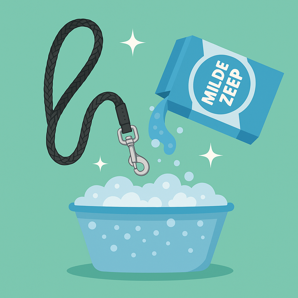 Sopje van milde zeep voor het schoonmaken van een hondenlijn