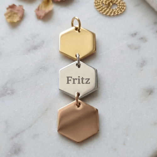 hexagon id tag zilver, goud en rosé