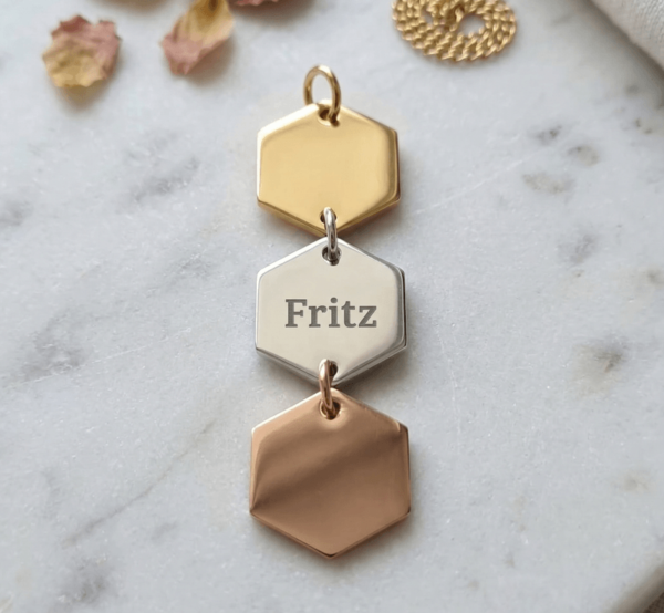 hexagon id tag zilver, goud en rosé